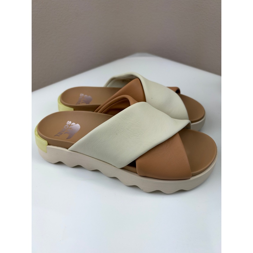 Sorel Viibe Crisscross Slide Sandals Honest Beige Chalk Leather Platform 9